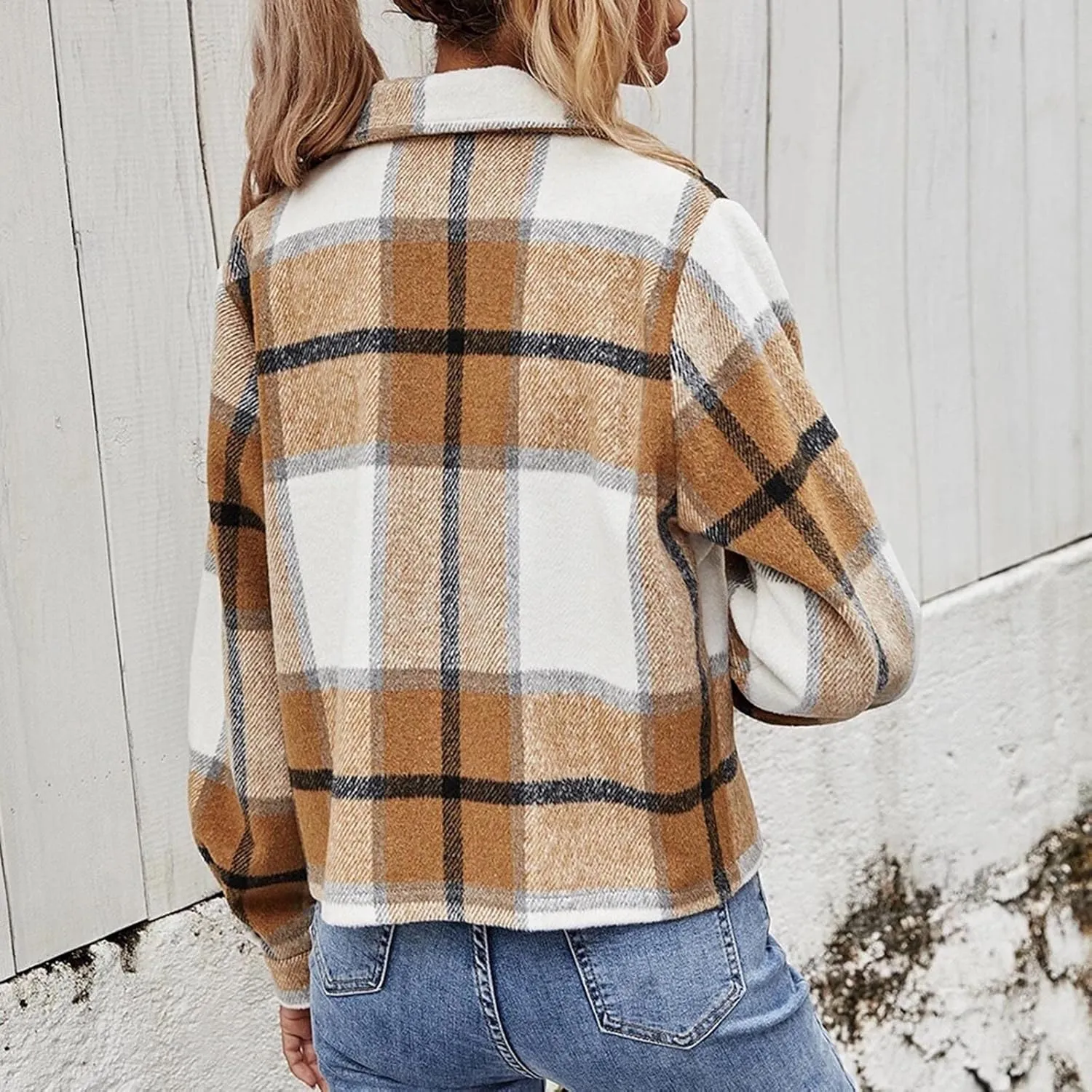 SMIDOW Women's Flannel Plaid Cropped Shacket Jacket Lapel Button Down Fall Fashion 2023 Woolen Coats Outerwear Casual Jackets