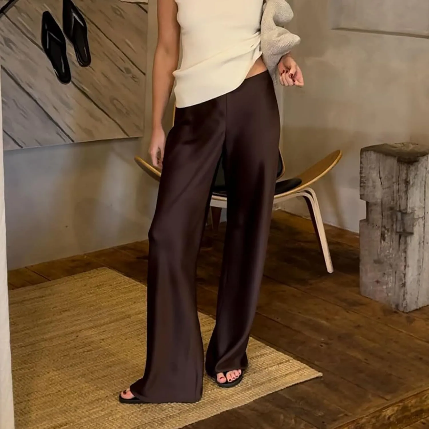SOLILOQUY Women Y2K Satin Wide Leg Pants Casual Elastic High Waist Solid Loose Fit Lounge Pants Office Ladies Work Trousers