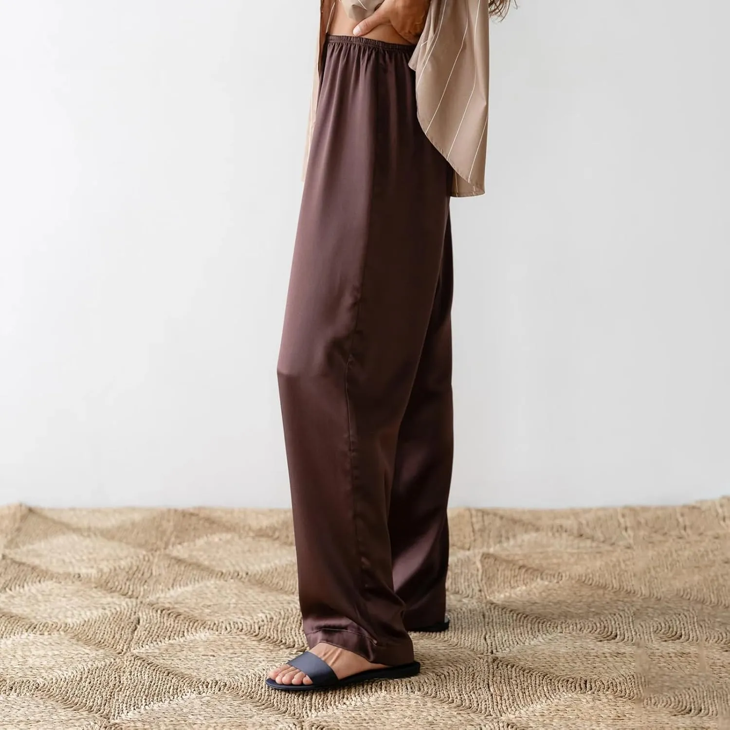 SOLILOQUY Women Y2K Satin Wide Leg Pants Casual Elastic High Waist Solid Loose Fit Lounge Pants Office Ladies Work Trousers
