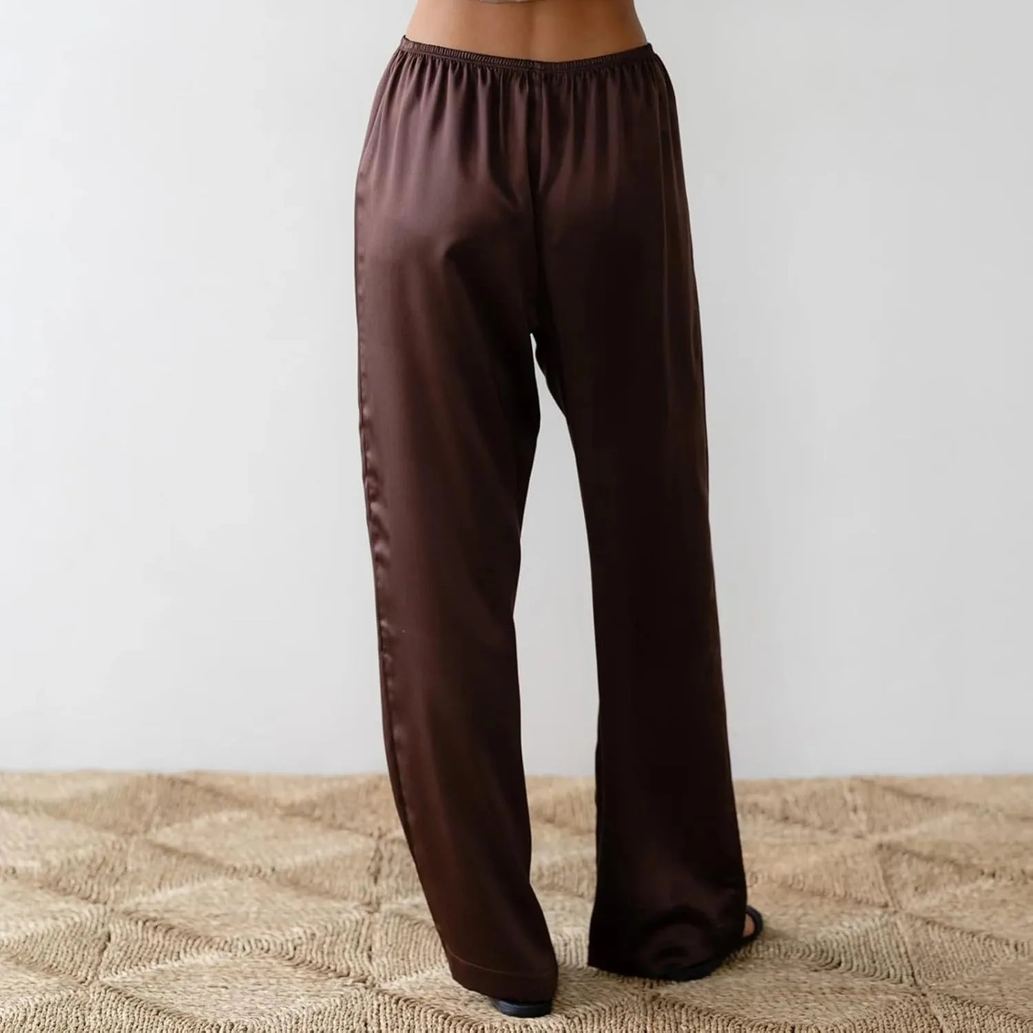SOLILOQUY Women Y2K Satin Wide Leg Pants Casual Elastic High Waist Solid Loose Fit Lounge Pants Office Ladies Work Trousers
