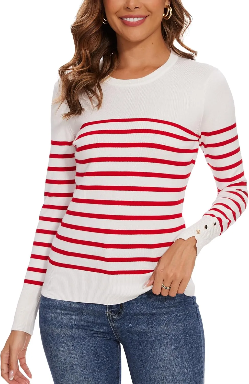 Spicy Sandia Women's Lightweight Long Sleeve Crew Neck Sweaters Striped Casual Knit Pullover Tops