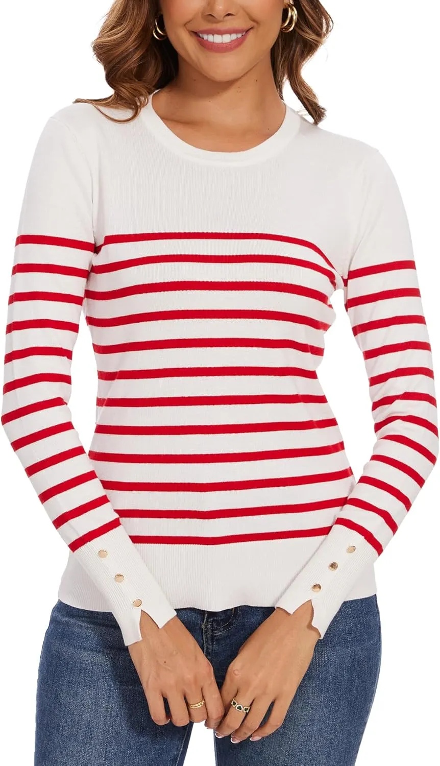 Spicy Sandia Women's Lightweight Long Sleeve Crew Neck Sweaters Striped Casual Knit Pullover Tops