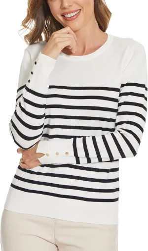 Spicy Sandia Women's Lightweight Long Sleeve Crew Neck Sweaters Striped Casual Knit Pullover Tops