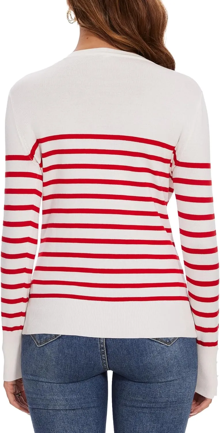 Spicy Sandia Women's Lightweight Long Sleeve Crew Neck Sweaters Striped Casual Knit Pullover Tops