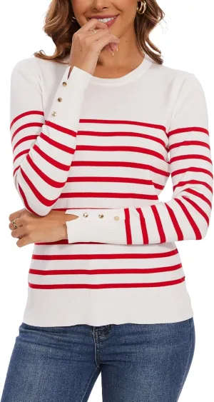 Spicy Sandia Women's Lightweight Long Sleeve Crew Neck Sweaters Striped Casual Knit Pullover Tops