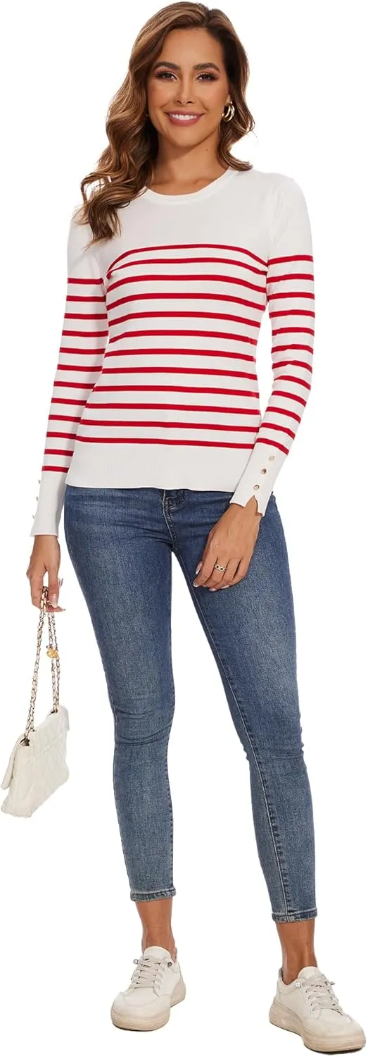Spicy Sandia Women's Lightweight Long Sleeve Crew Neck Sweaters Striped Casual Knit Pullover Tops