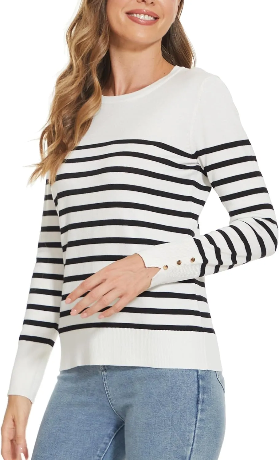 Spicy Sandia Women's Lightweight Long Sleeve Crew Neck Sweaters Striped Casual Knit Pullover Tops