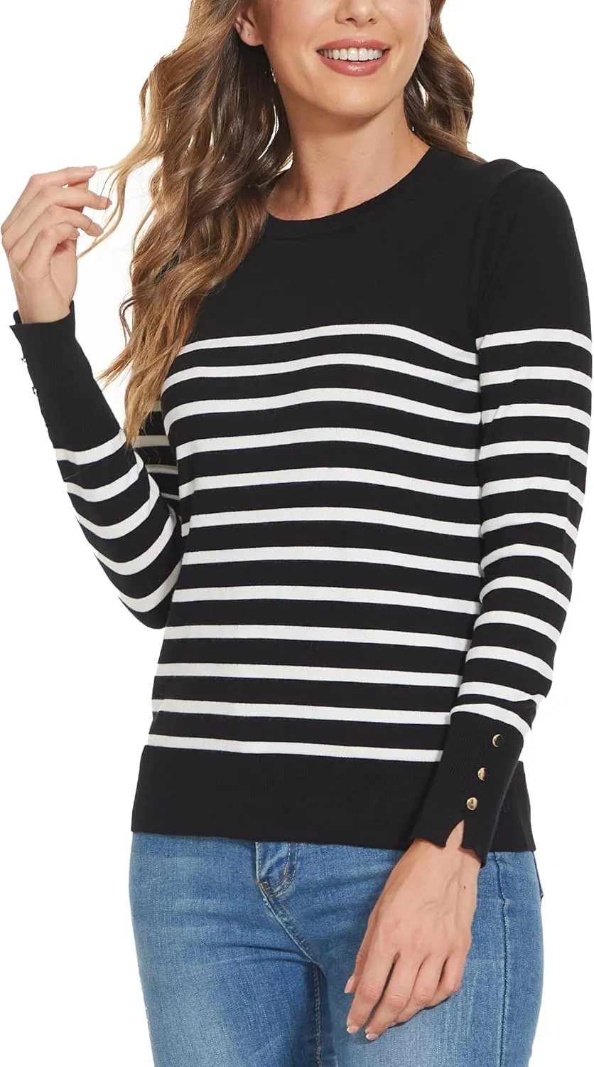 Spicy Sandia Women's Lightweight Long Sleeve Crew Neck Sweaters Striped Casual Knit Pullover Tops