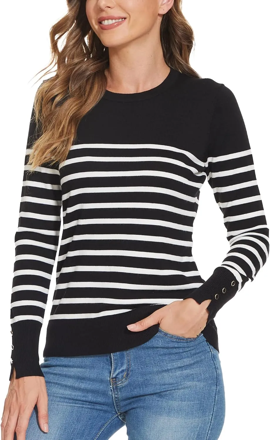 Spicy Sandia Women's Lightweight Long Sleeve Crew Neck Sweaters Striped Casual Knit Pullover Tops