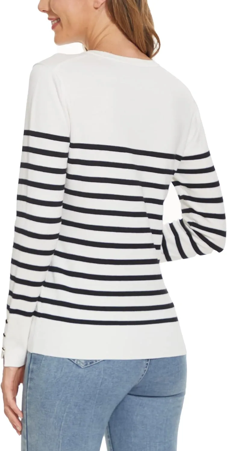 Spicy Sandia Women's Lightweight Long Sleeve Crew Neck Sweaters Striped Casual Knit Pullover Tops