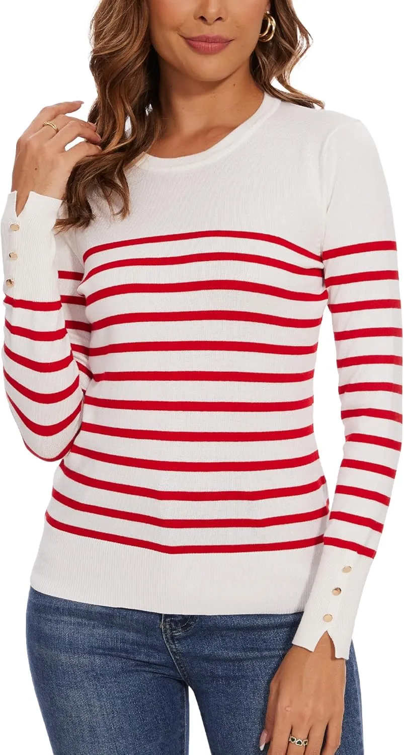Spicy Sandia Women's Lightweight Long Sleeve Crew Neck Sweaters Striped Casual Knit Pullover Tops