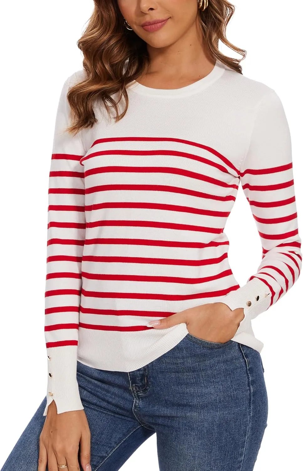 Spicy Sandia Women's Lightweight Long Sleeve Crew Neck Sweaters Striped Casual Knit Pullover Tops