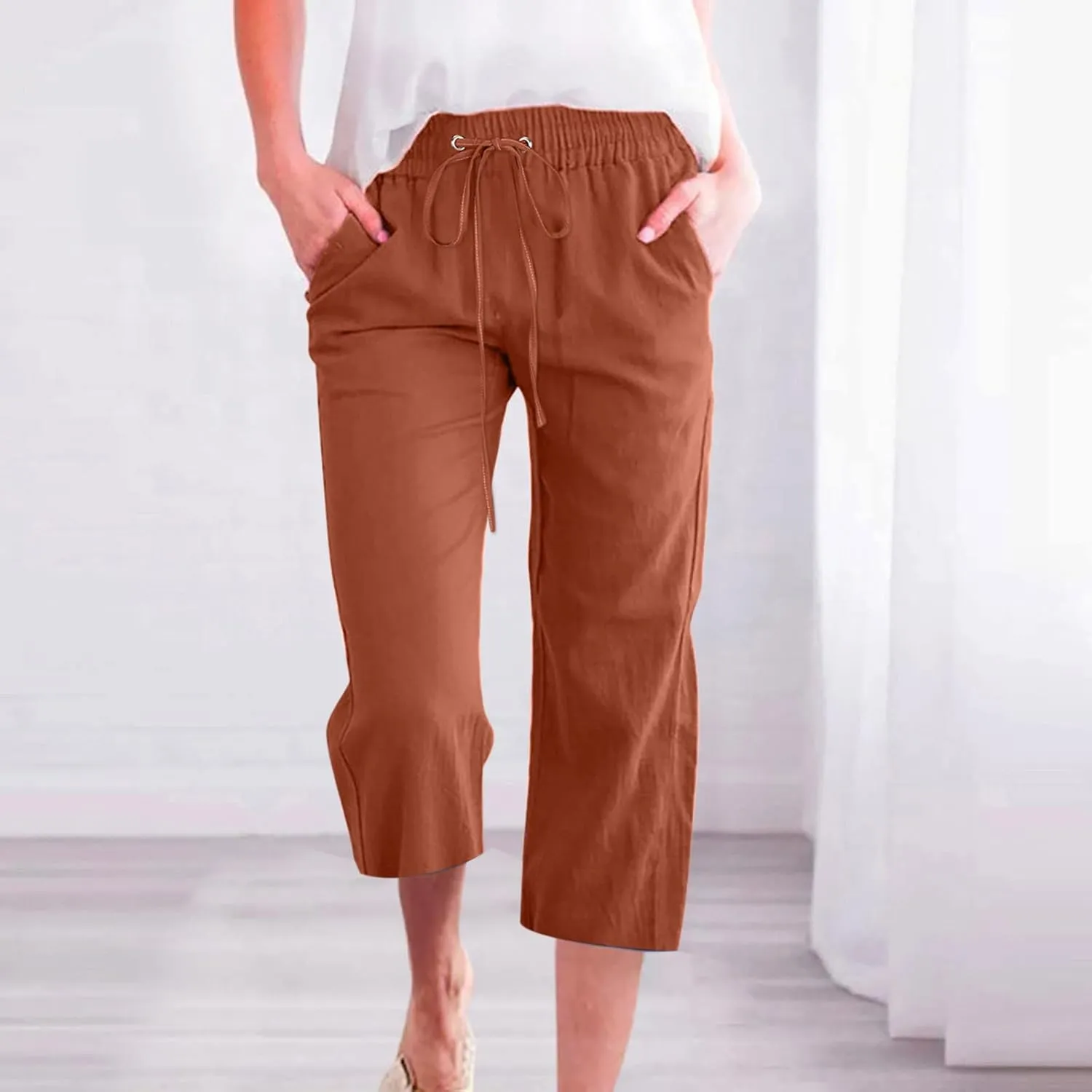 STYESH Capris for Women Casual Summer, Linen Pants High Waisted Loose Yoga Sweatpants Crop Pants with Pockets
