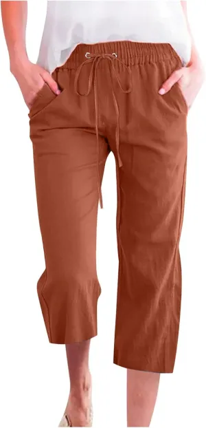 STYESH Capris for Women Casual Summer, Linen Pants High Waisted Loose Yoga Sweatpants Crop Pants with Pockets