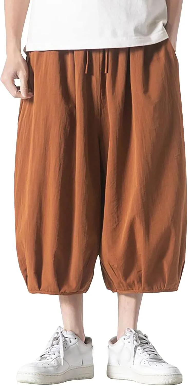 Summer Loose Fit Casual Capri Harem Pants Elastic Waist Wide Leg Baggy Long Shorts Yoga Hippie Slacks Trousers with Pockets