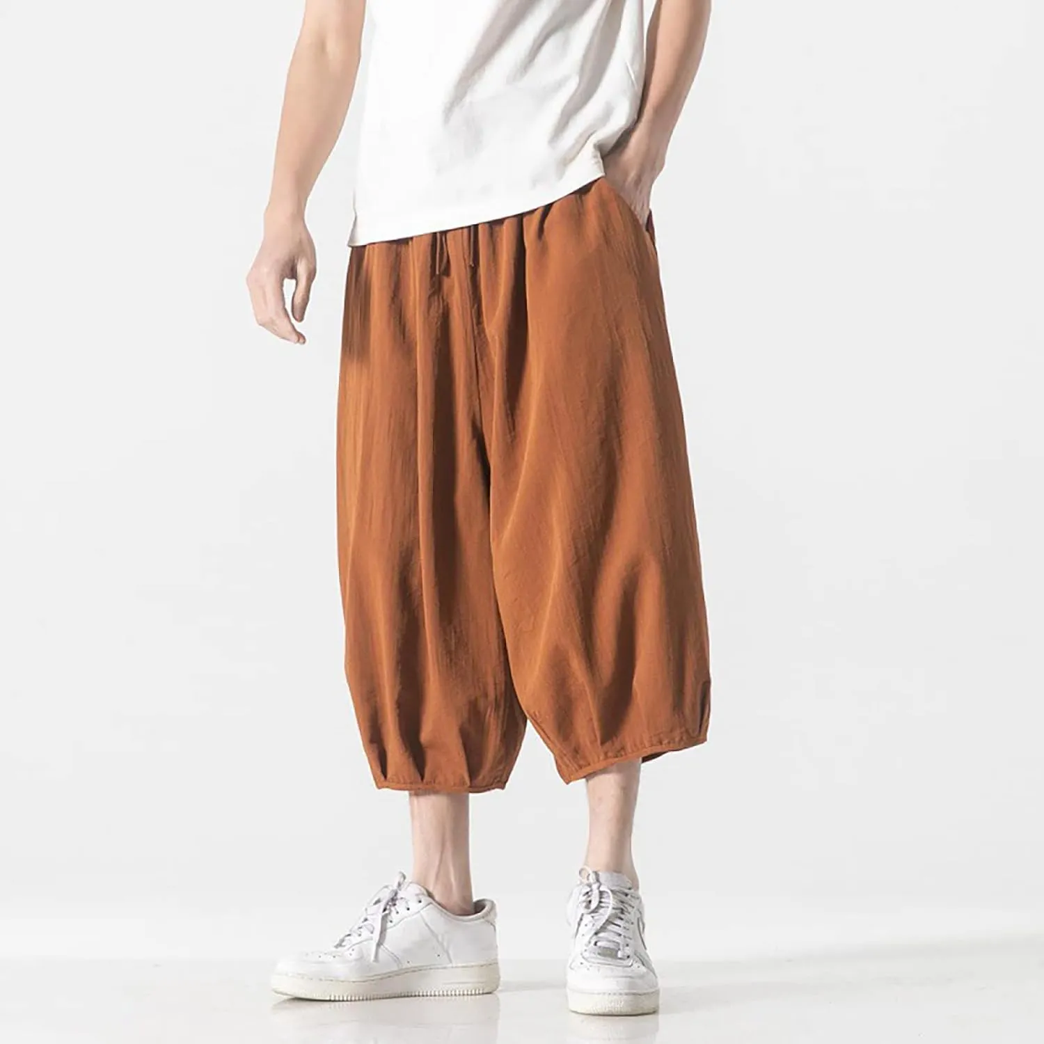 Summer Loose Fit Casual Capri Harem Pants Elastic Waist Wide Leg Baggy Long Shorts Yoga Hippie Slacks Trousers with Pockets