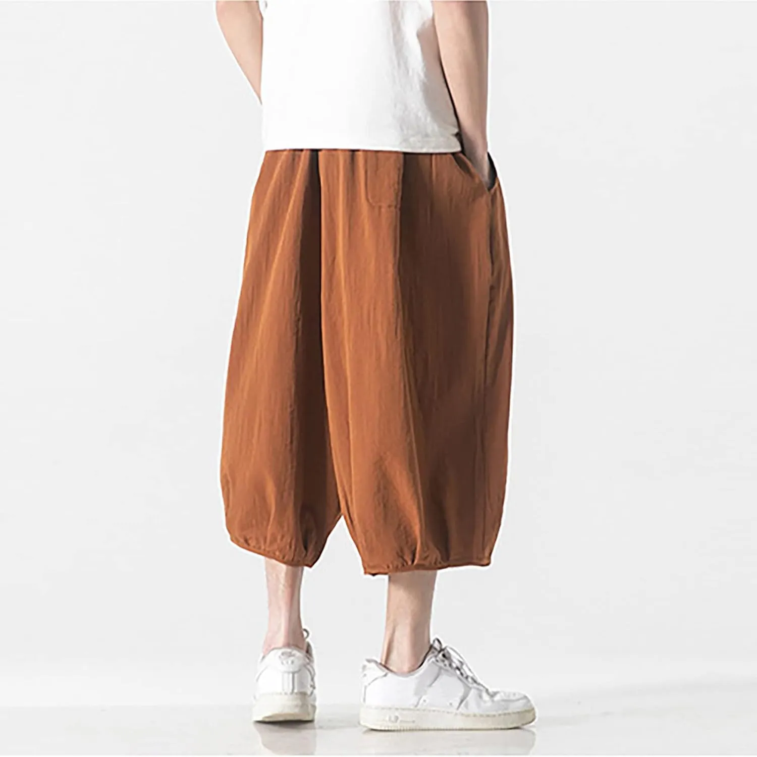 Summer Loose Fit Casual Capri Harem Pants Elastic Waist Wide Leg Baggy Long Shorts Yoga Hippie Slacks Trousers with Pockets