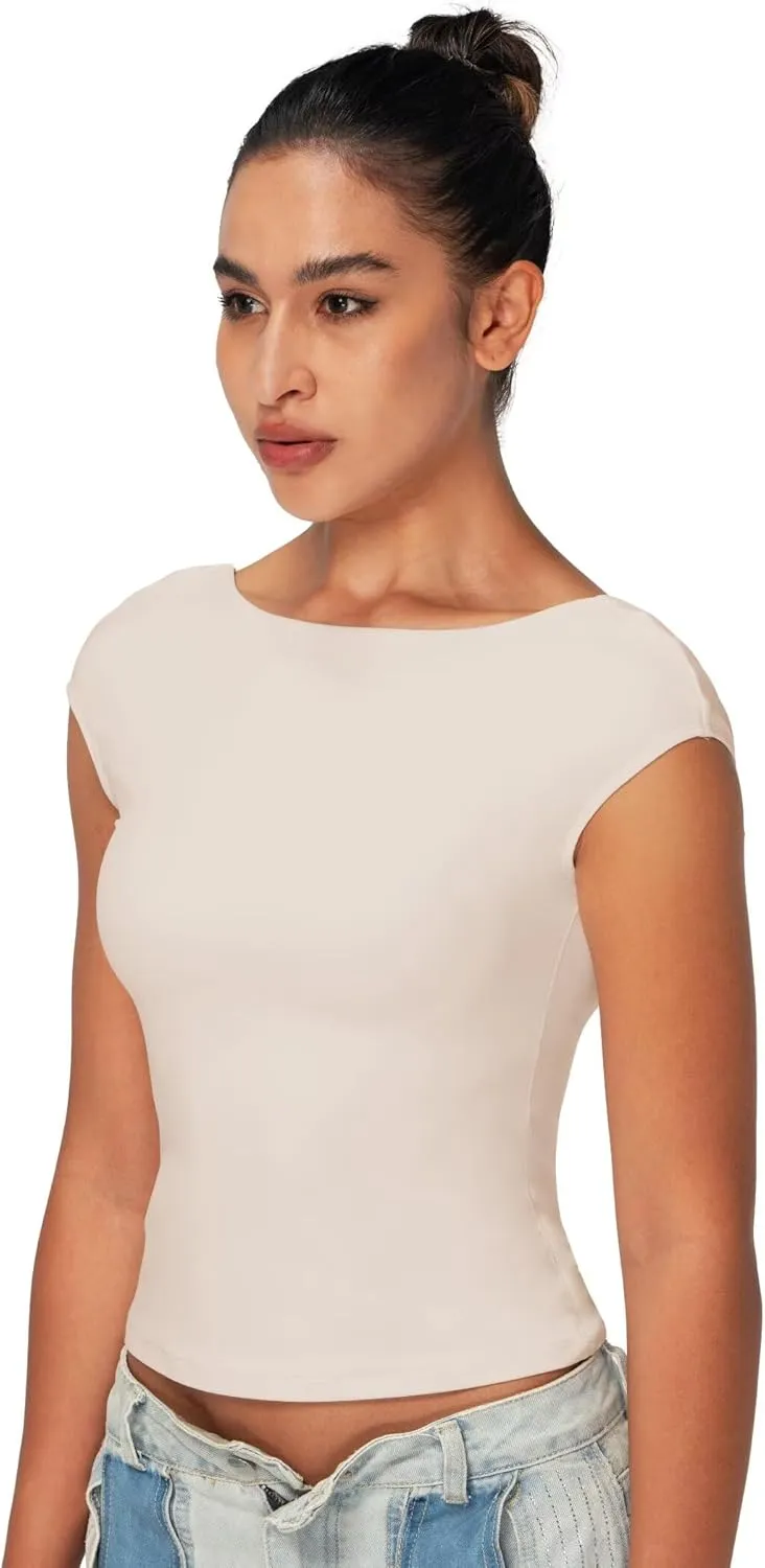 Sunzel Open Back Tops for Women Sexy Going Out Top Double Lined Backless Shirt Y2K Crop Basic Tee Shirts for Casual Workout