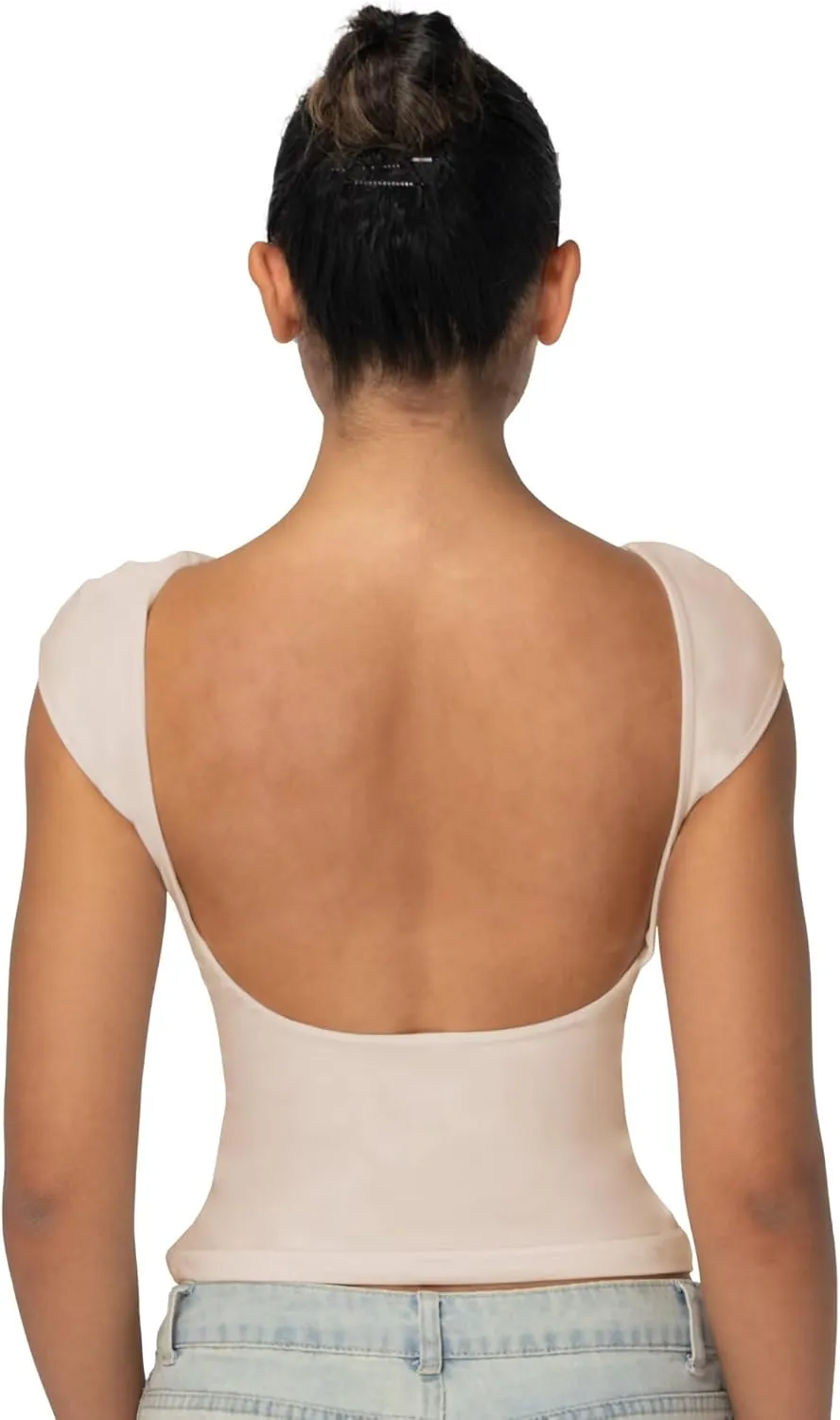 Sunzel Open Back Tops for Women Sexy Going Out Top Double Lined Backless Shirt Y2K Crop Basic Tee Shirts for Casual Workout