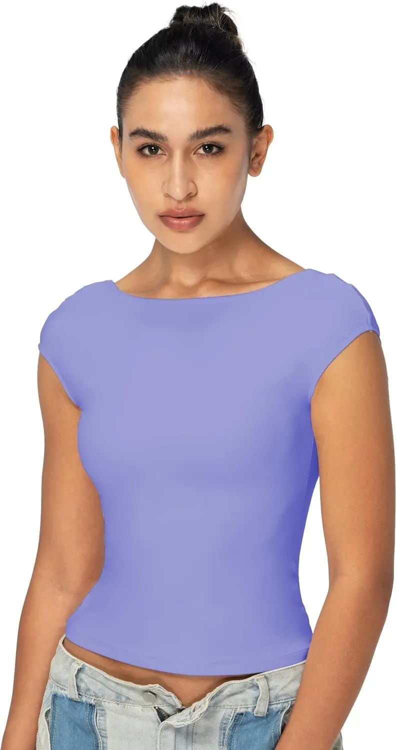 Sunzel Open Back Tops for Women Sexy Going Out Top Double Lined Backless Shirt Y2K Crop Basic Tee Shirts for Casual Workout