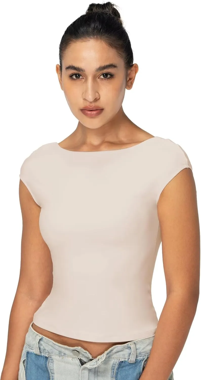 Sunzel Open Back Tops for Women Sexy Going Out Top Double Lined Backless Shirt Y2K Crop Basic Tee Shirts for Casual Workout
