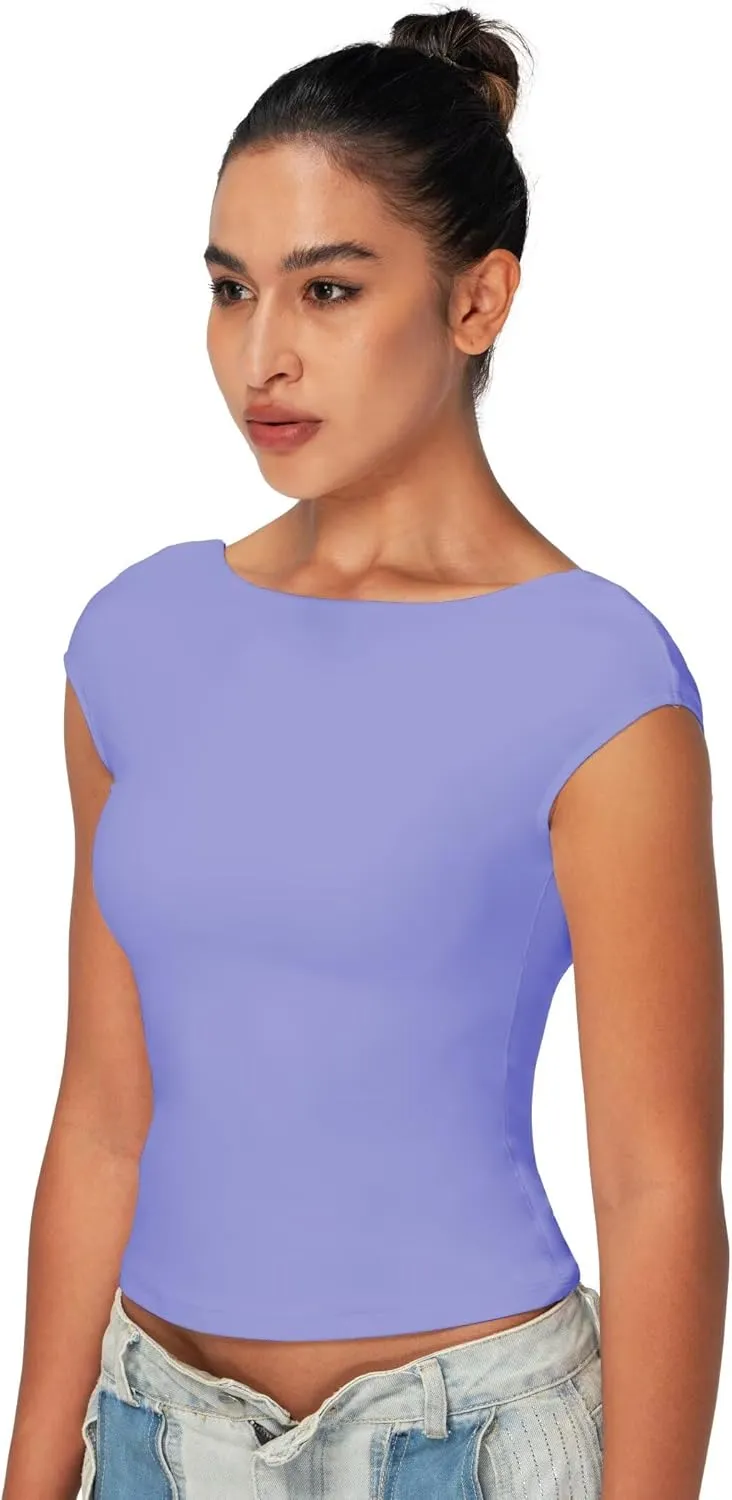 Sunzel Open Back Tops for Women Sexy Going Out Top Double Lined Backless Shirt Y2K Crop Basic Tee Shirts for Casual Workout