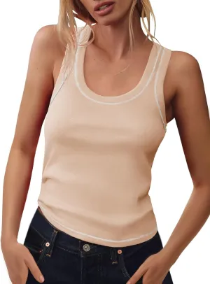 Tankaneo Womens Summer Ribbed Tank Top Casual Ringer Scoop Neck Sleeveless Knit Fitted Tops Going Out Tee Shirts