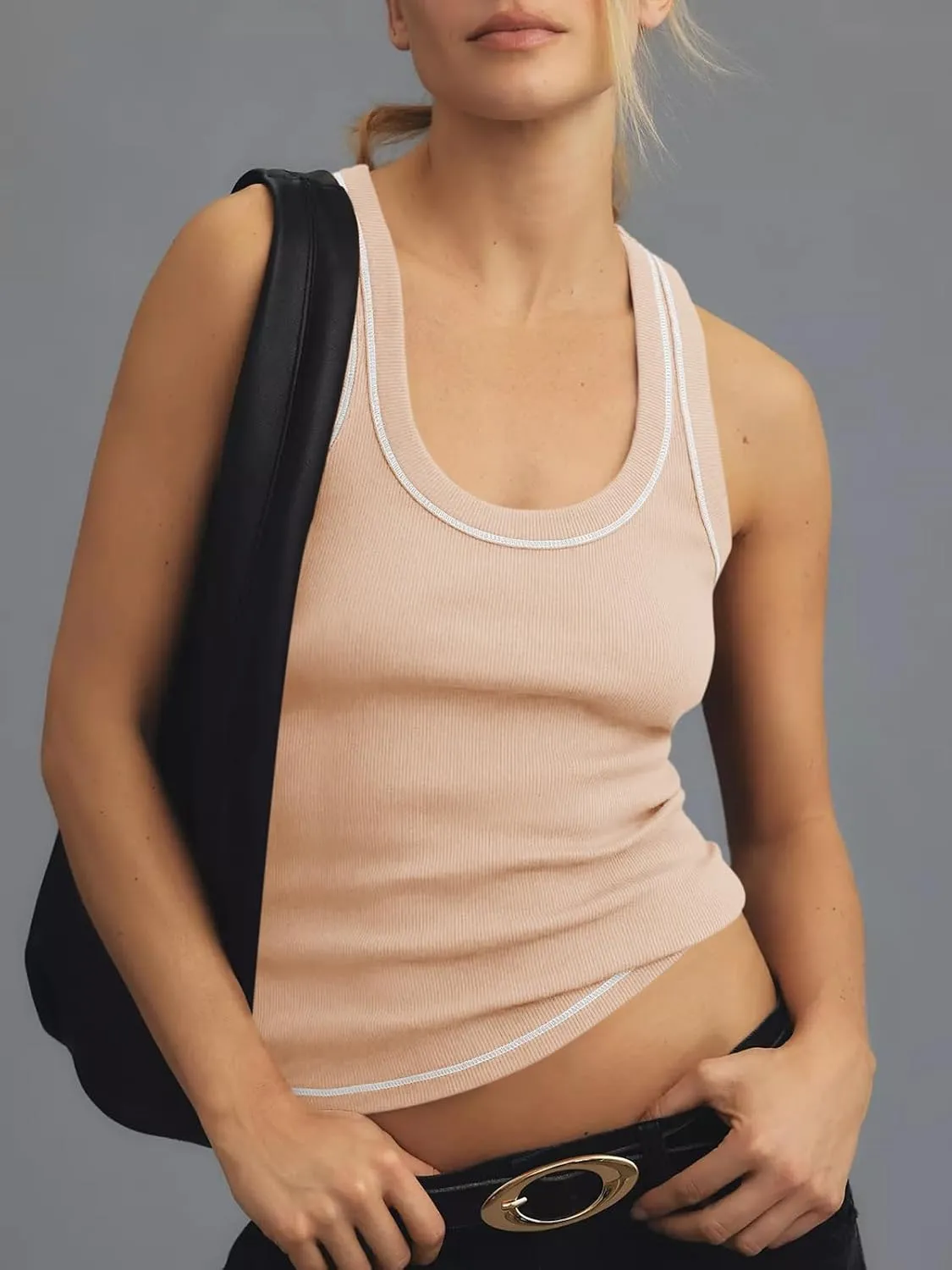 Tankaneo Womens Summer Ribbed Tank Top Casual Ringer Scoop Neck Sleeveless Knit Fitted Tops Going Out Tee Shirts