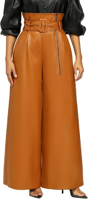 Tcremisa Leather Pants for Women High Waisted Faux Leather Straight Wide Leg Pant PU Trousers with Belt