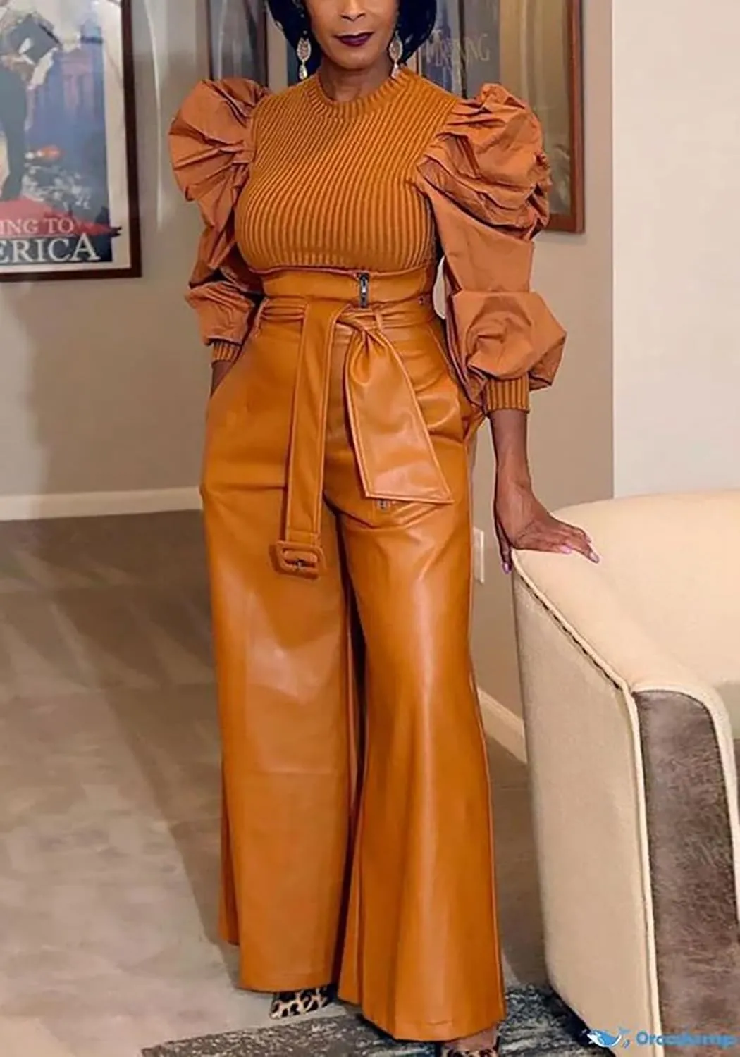 Tcremisa Leather Pants for Women High Waisted Faux Leather Straight Wide Leg Pant PU Trousers with Belt