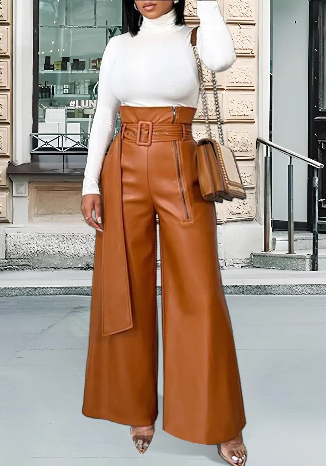 Tcremisa Leather Pants for Women High Waisted Faux Leather Straight Wide Leg Pant PU Trousers with Belt