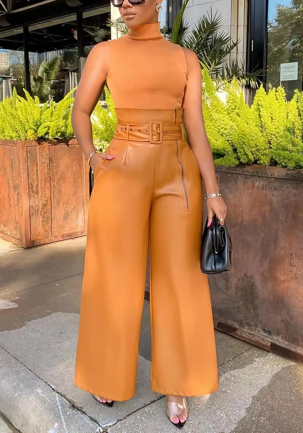 Tcremisa Leather Pants for Women High Waisted Faux Leather Straight Wide Leg Pant PU Trousers with Belt
