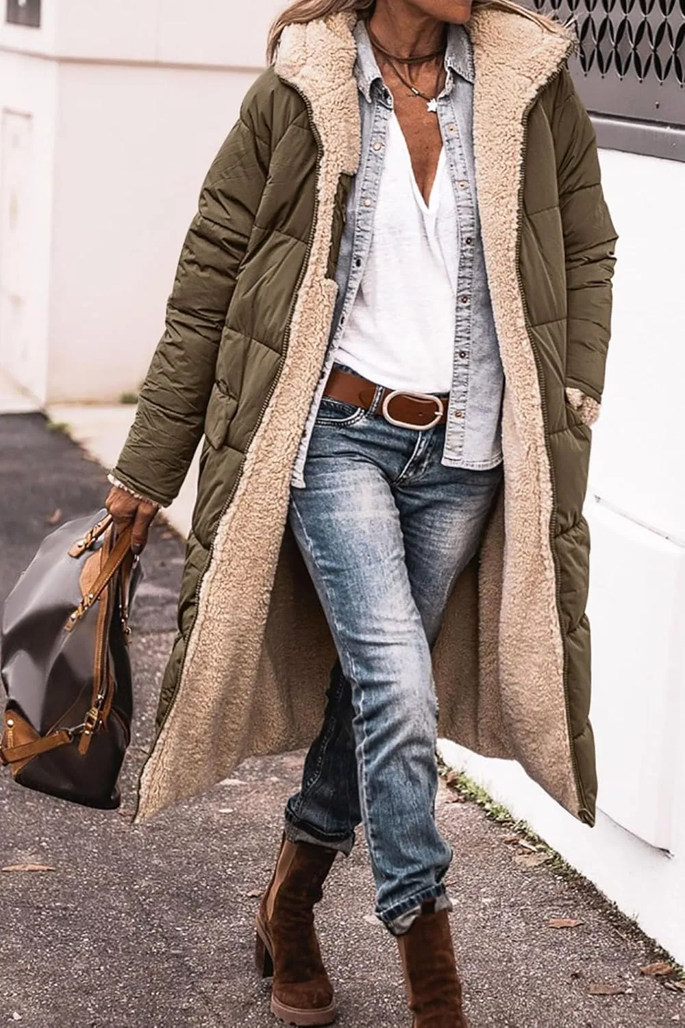 Thatrich Long Puffer Coat Women Casual Reversible Fleece Jacket Coats Loose Fit Windbreaked Winter Oversized Outfits Hooded