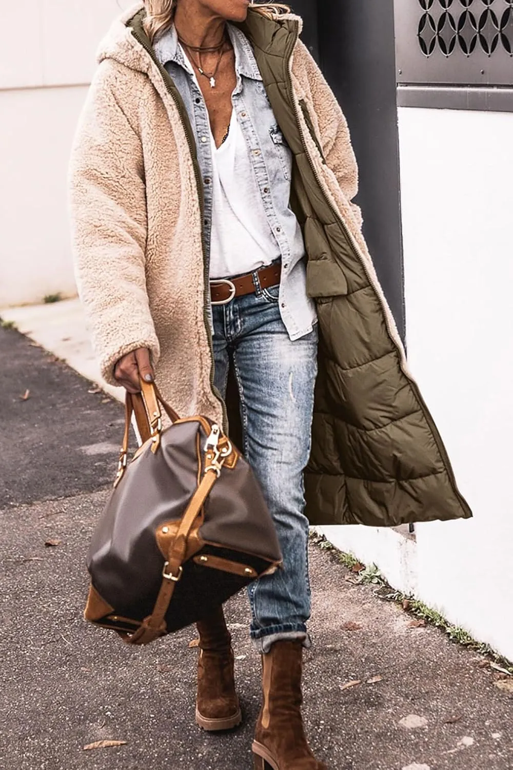 Thatrich Long Puffer Coat Women Casual Reversible Fleece Jacket Coats Loose Fit Windbreaked Winter Oversized Outfits Hooded