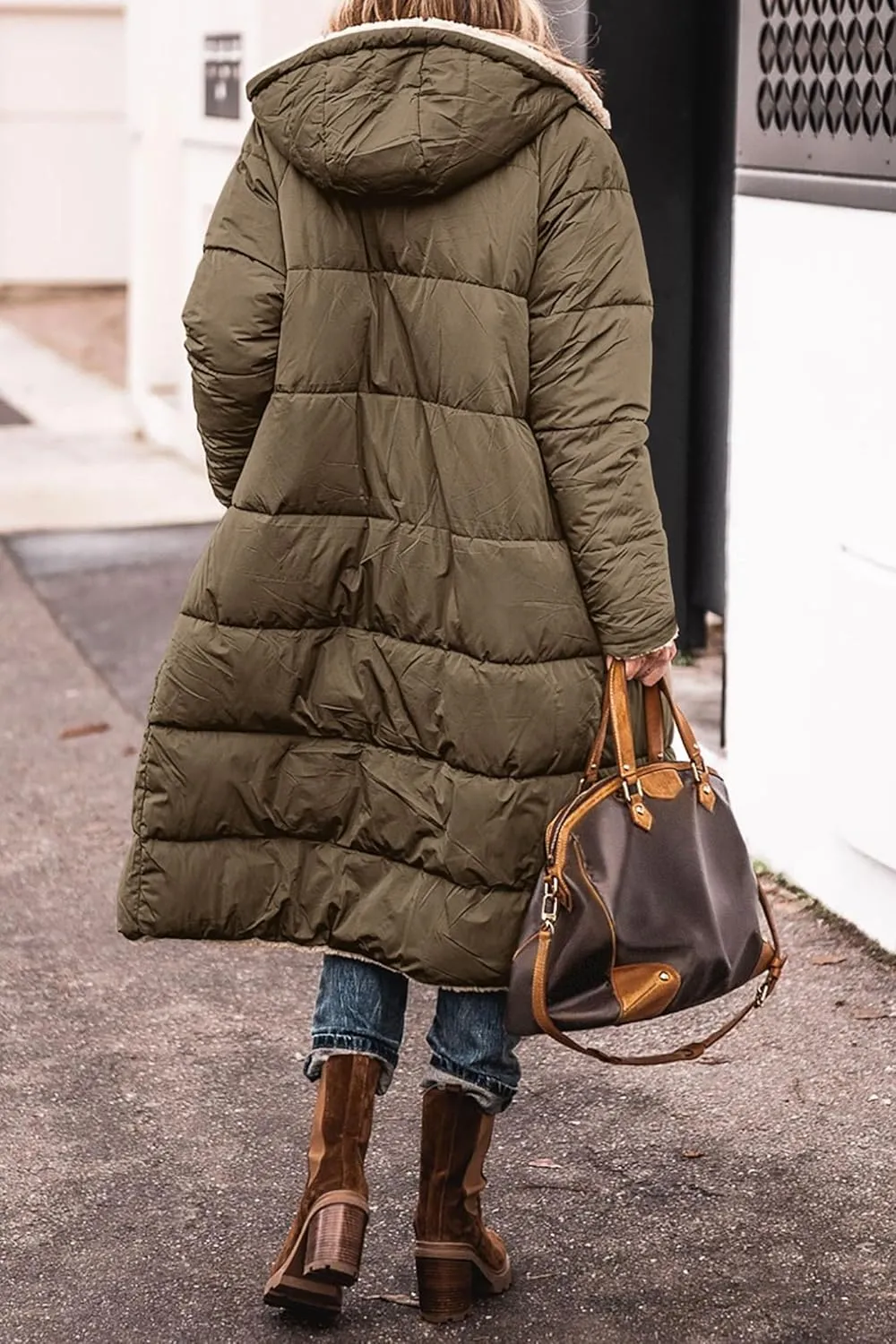 Thatrich Long Puffer Coat Women Casual Reversible Fleece Jacket Coats Loose Fit Windbreaked Winter Oversized Outfits Hooded