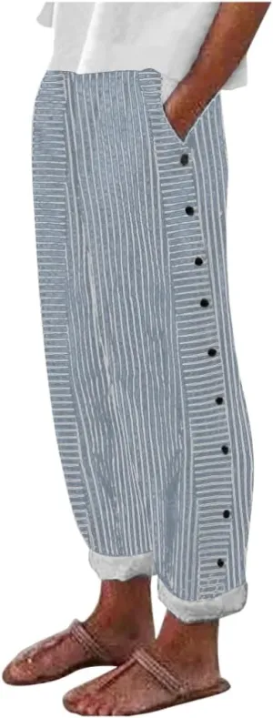 TIAFORD Womens Summer Stripe Linen Pants Casual Side Button Elastic Waisted Lightweight Loose Trousers with Pockets