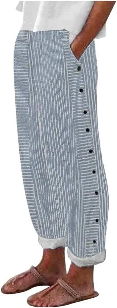 TIAFORD Womens Summer Stripe Linen Pants Casual Side Button Elastic Waisted Lightweight Loose Trousers with Pockets