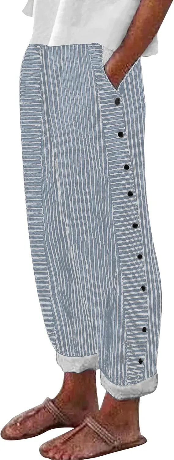 TIAFORD Womens Summer Stripe Linen Pants Casual Side Button Elastic Waisted Lightweight Loose Trousers with Pockets