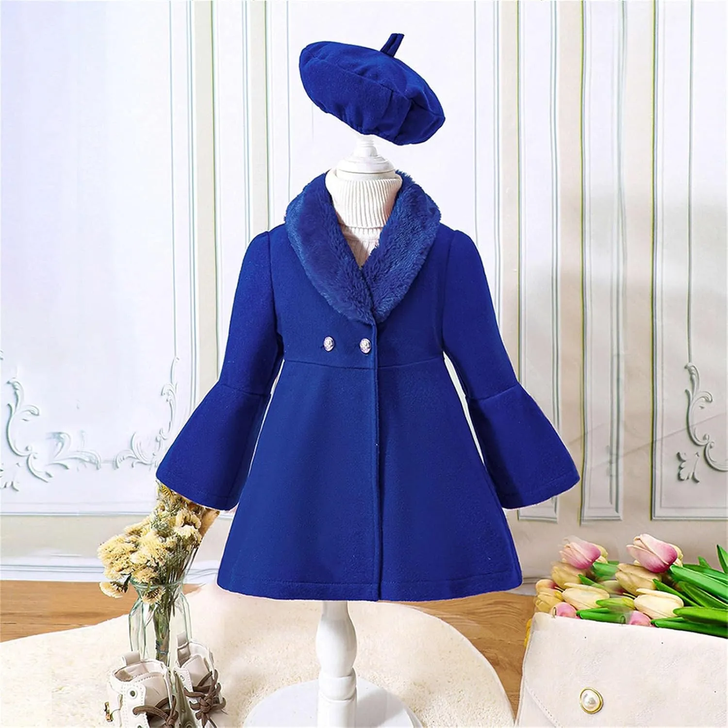 Toddler Kids Girls Trench Jacket Long Sleeve Fury Collar Warm Peacoat with Beret Hat Set for Casual