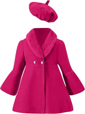 Toddler Kids Girls Trench Jacket Long Sleeve Fury Collar Warm Peacoat with Beret Hat Set for Casual