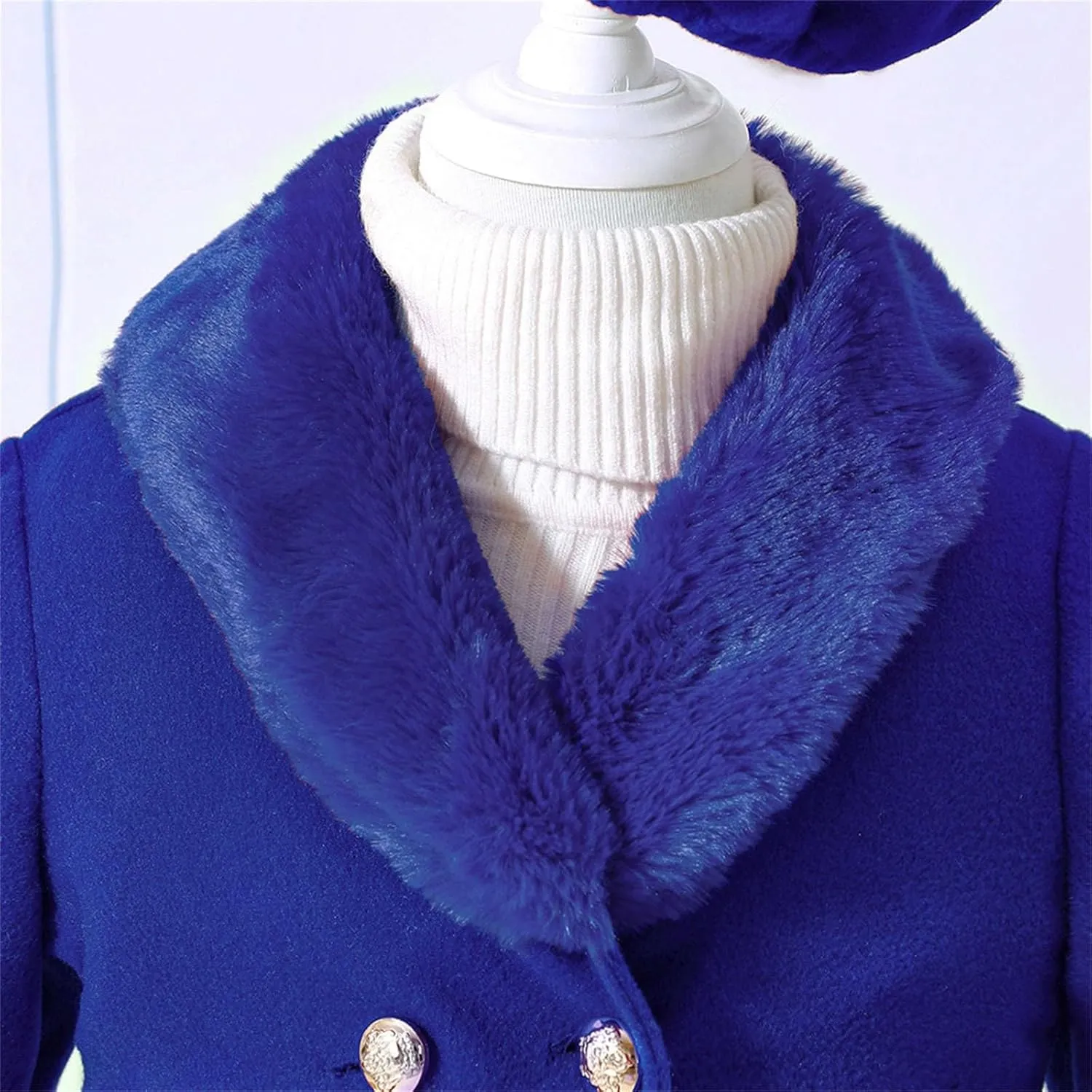 Toddler Kids Girls Trench Jacket Long Sleeve Fury Collar Warm Peacoat with Beret Hat Set for Casual