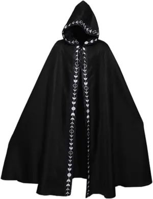 TOWINE Unisex Cape Halloween Cosplay Hooded Printed Cape Medieval Cape Film and Television Costume Cape Universal Cape Fashion Embroidered Cloak (Color : Black, Size : 155cm)