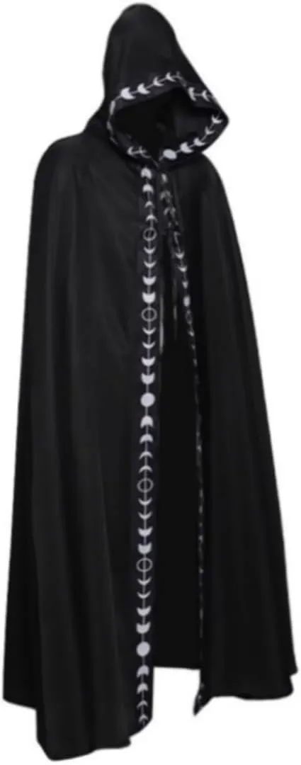TOWINE Unisex Cape Halloween Cosplay Hooded Printed Cape Medieval Cape Film and Television Costume Cape Universal Cape Fashion Embroidered Cloak (Color : Black, Size : 155cm)