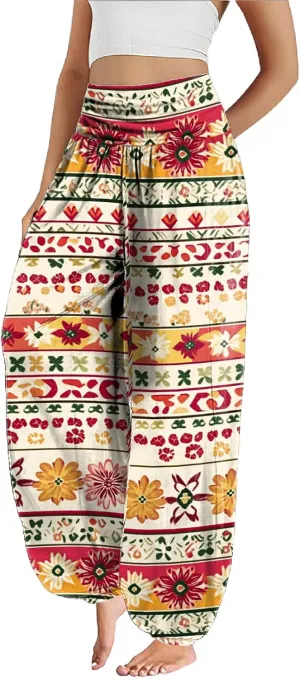 Trendy Boho Harem Pants Women Casual High Smocked Waist Yoga Pants Plus Size Loose Daily Lightweight Joggers