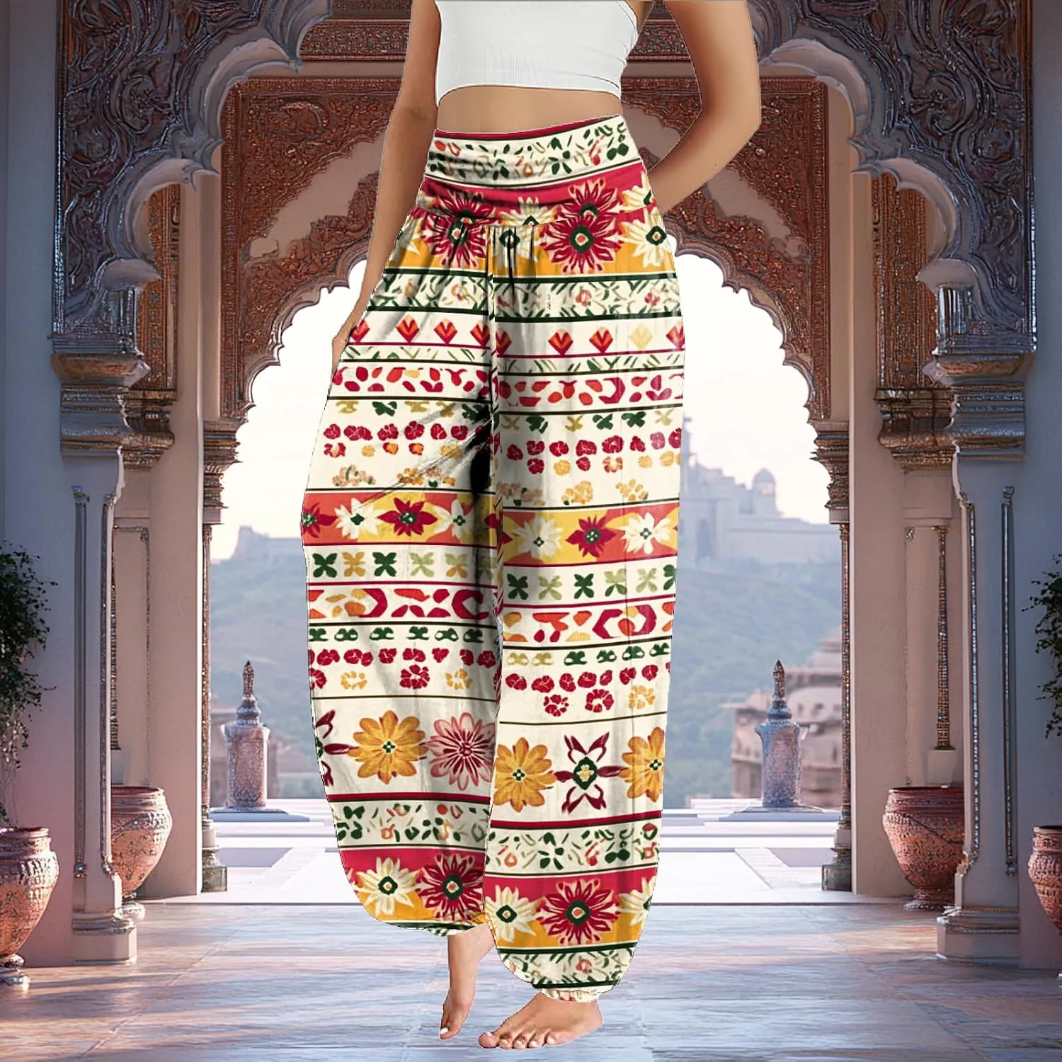 Trendy Boho Harem Pants Women Casual High Smocked Waist Yoga Pants Plus Size Loose Daily Lightweight Joggers