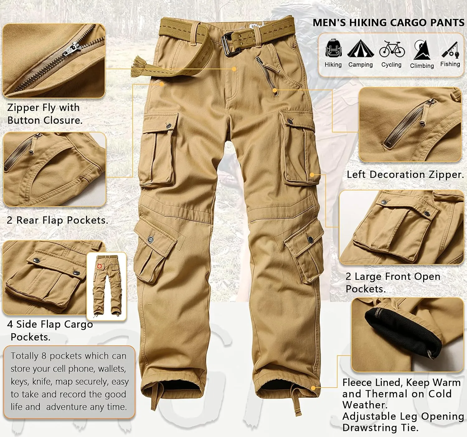 TRGPSG Men's Fleece Lined Hiking Pants, Winter Outdoor Cargo Pants, Work Ski Pants Casual Pants with 8 Pockets