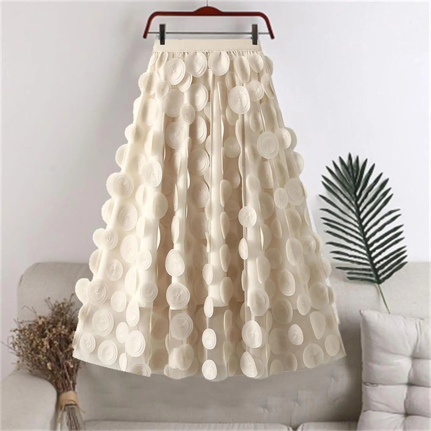 Tulle Skirt Women 3D Polka Dot Elastic Waist Mesh Flowy A-Line Midi Skirts Wedding Party Outfit