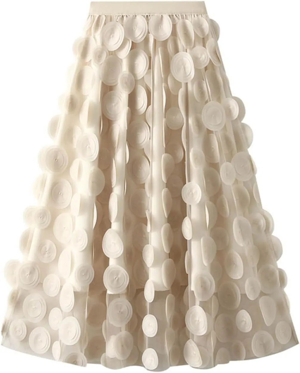 Tulle Skirt Women 3D Polka Dot Elastic Waist Mesh Flowy A-Line Midi Skirts Wedding Party Outfit