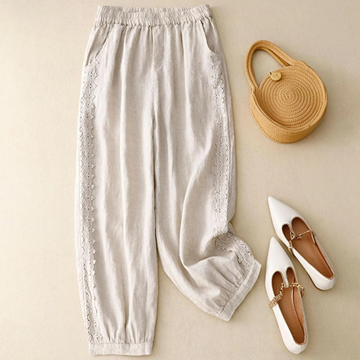 TUNUSKAT Womens Linen Wide Leg Capris Summer Lounge Beach Cotton Capri Pants High Waist Flowy Crop Trousers Vacation Outfits