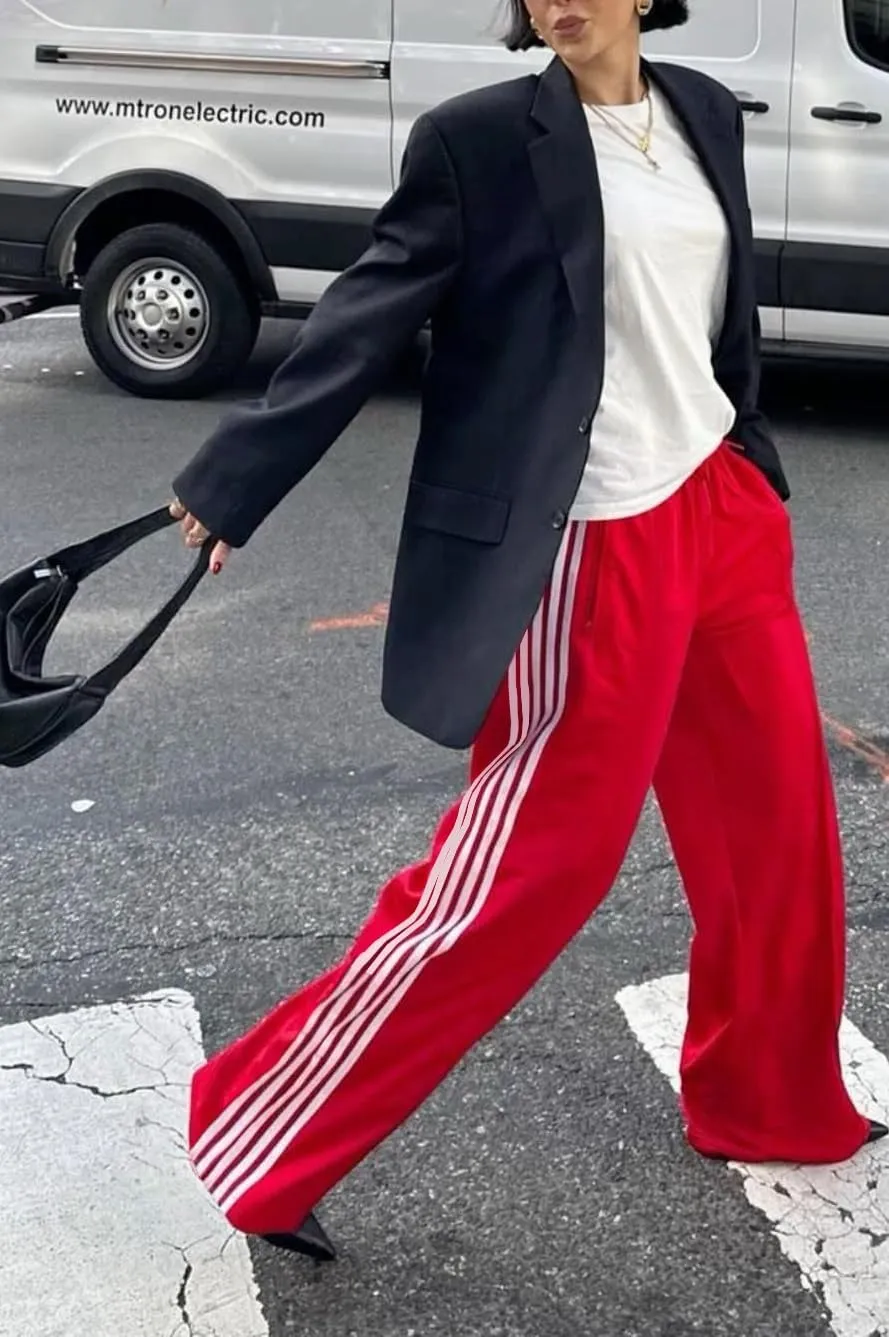 UAURORAO Women Y2k Track Pants Baggy Striped Joggers Sweatpants Elastic Waist Color Block Parachute Pants with Pockets
